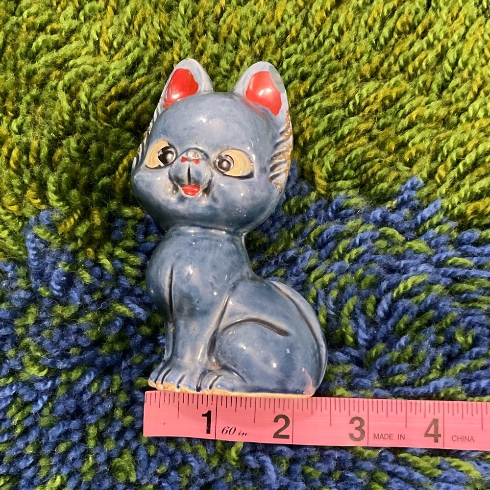 VTG Small Blue Cat Ceramic Figurine Japan Pointed Ears Mid Century - Picture 6 of 7